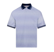 Light blue polo shirt with dark blue trim on a white background