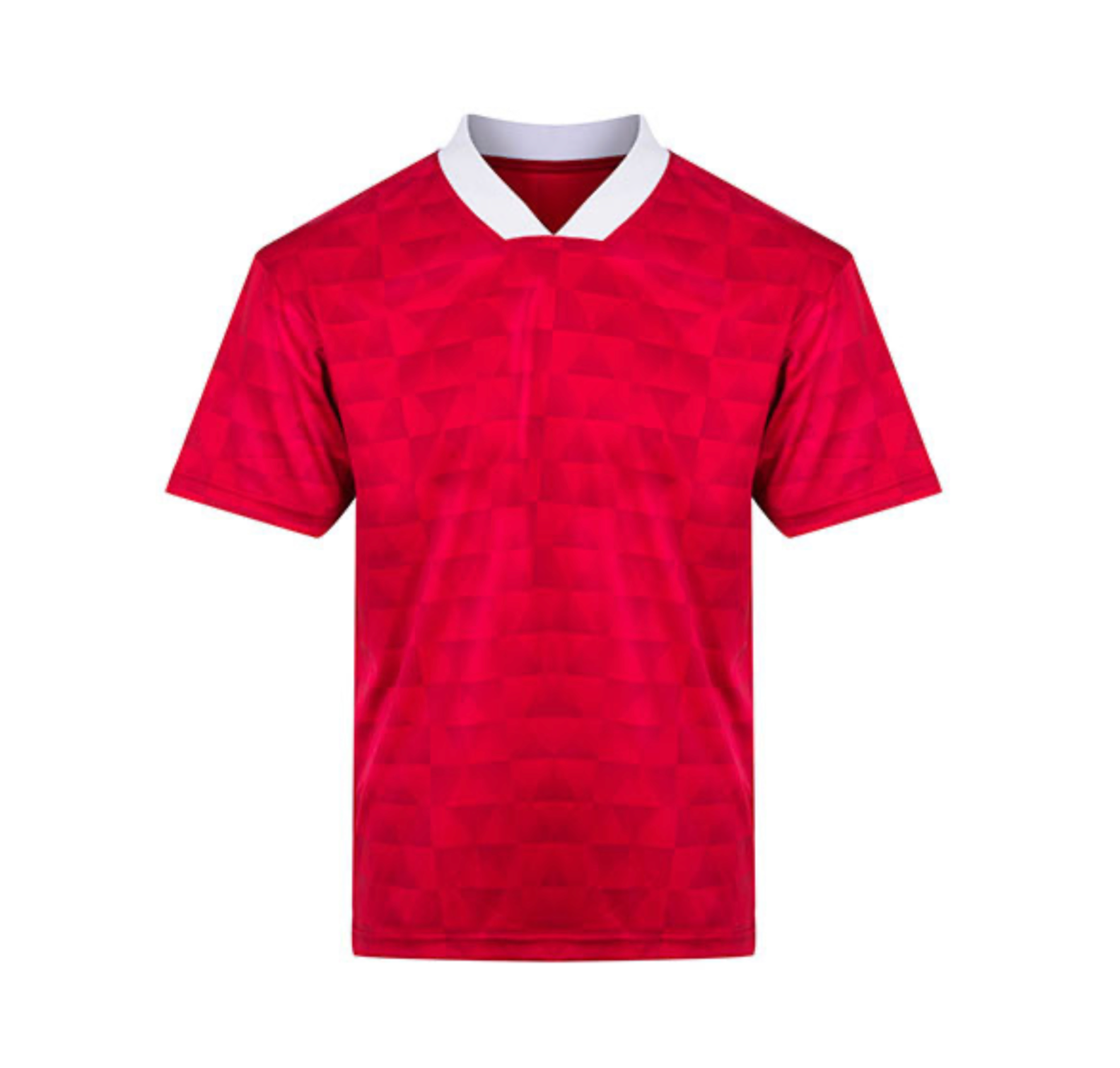 Red sports jersey with white collar on a white background