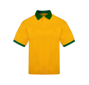 Yellow polo shirt with green trim on a white background