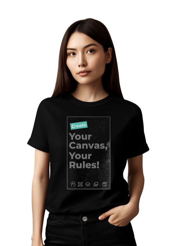 Female model in a custom front print black t-shirt