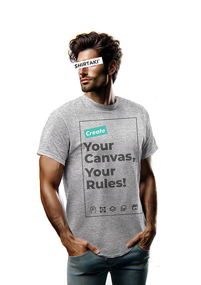 Man wearing a customizable grey t-shirt from Shirtaki with the text 'Create Your Canvas, Your Rules!