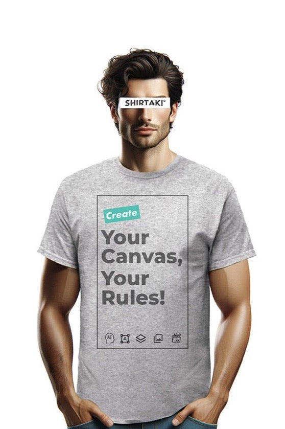 Man in a custom printed gray t-shirt with front design text