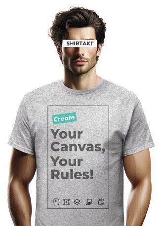 Man standing straight, wearing a customizable grey t-shirt from Shirtaki with the text 'Create Your Canvas, Your Rules!