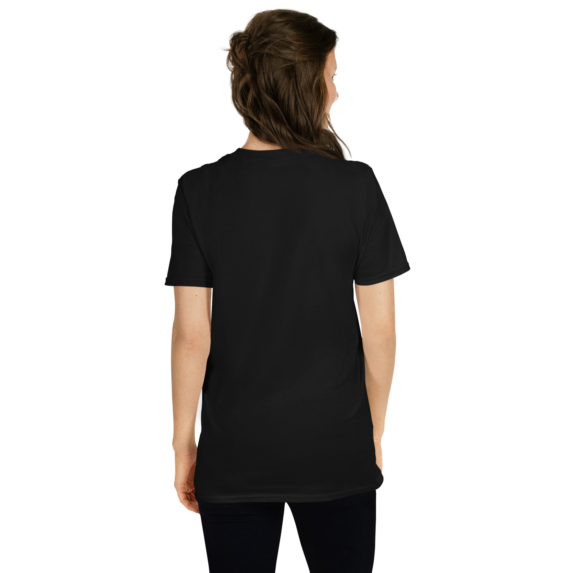 Back view of a black Gildan Softstyle T-Shirt with custom print