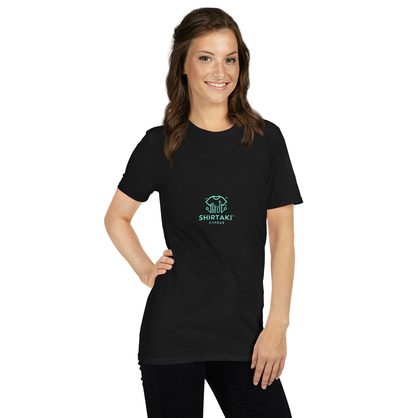 Woman posing in a personalized black t-shirt with front design