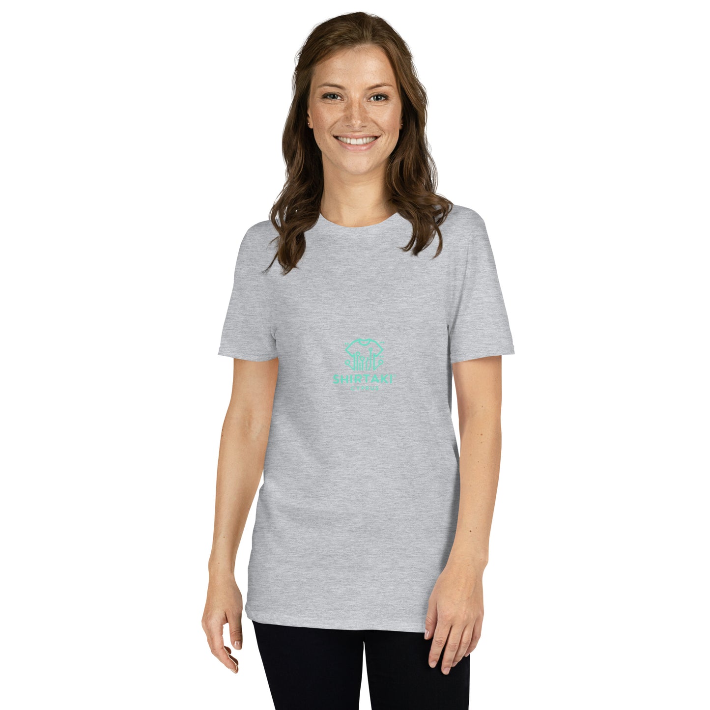 Female model in a gray Gildan Softstyle T-Shirt with custom front print