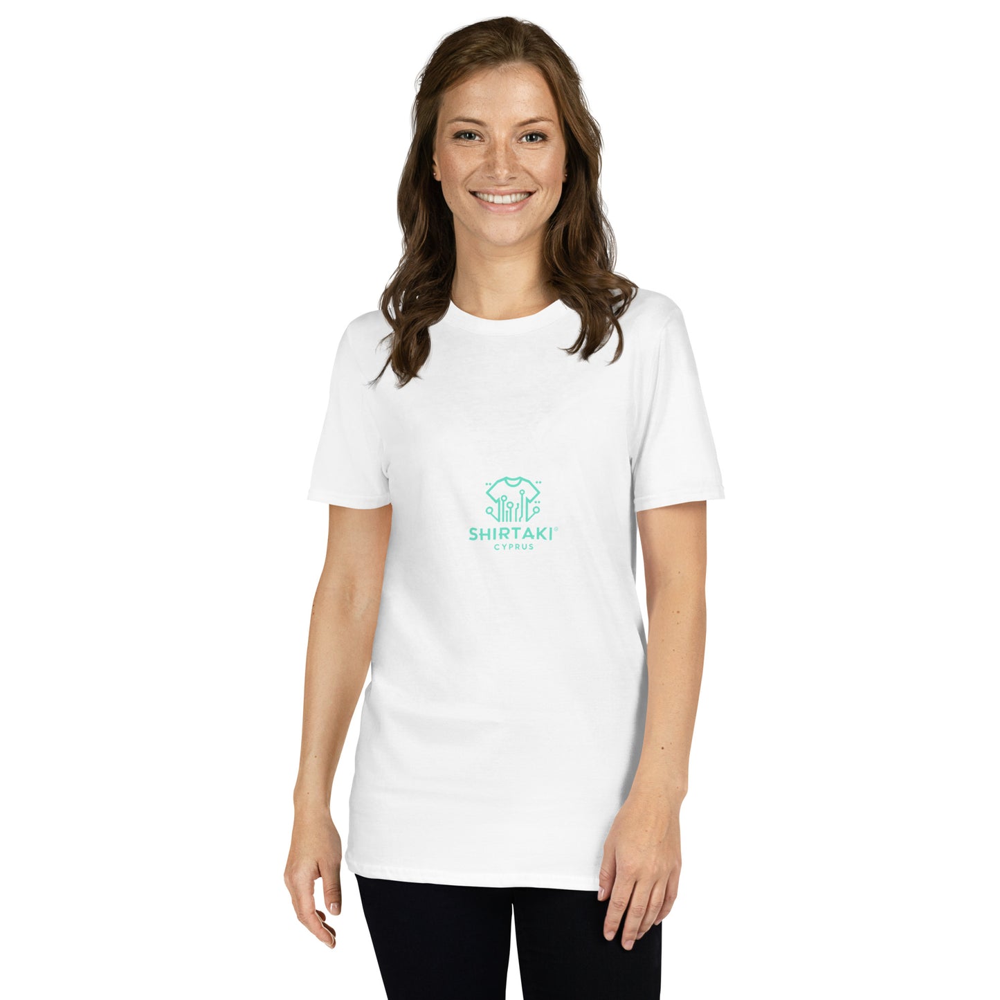 Woman wearing a customizable white Gildan Softstyle T-Shirt with front print design