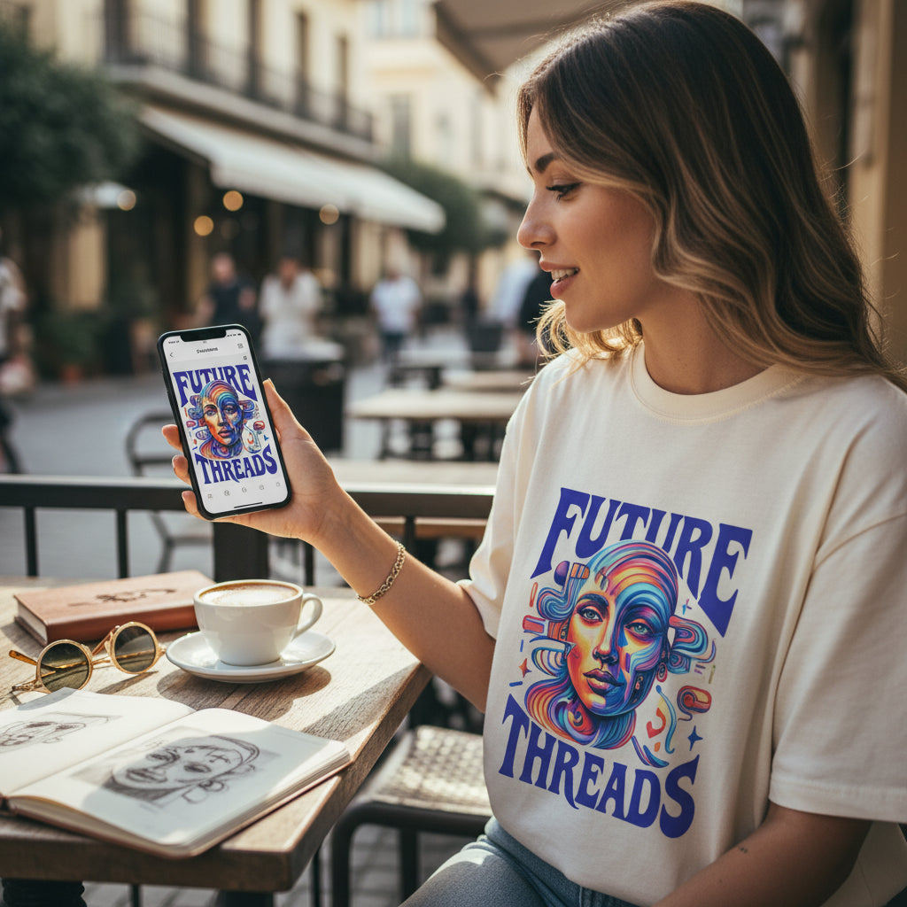 AI design studio on phone with finished custom tee
