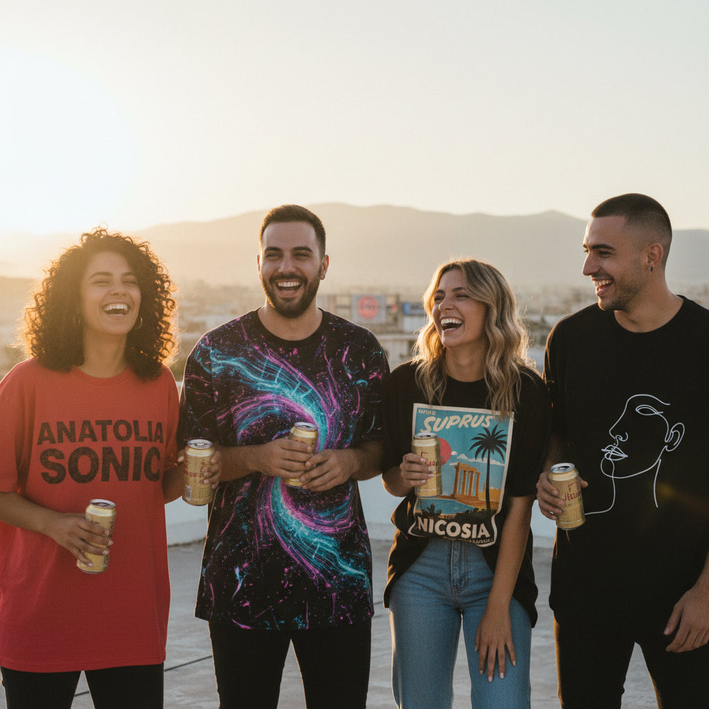 Friends wearing unique custom printed tees